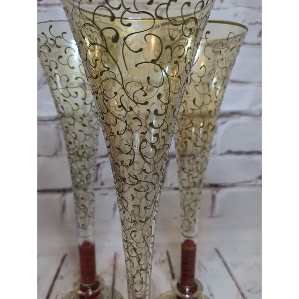 Set‎ of 3 Pier 1 Rioja Hand Blown Champagne Flutes Ruby Red Stem Gold Scroll